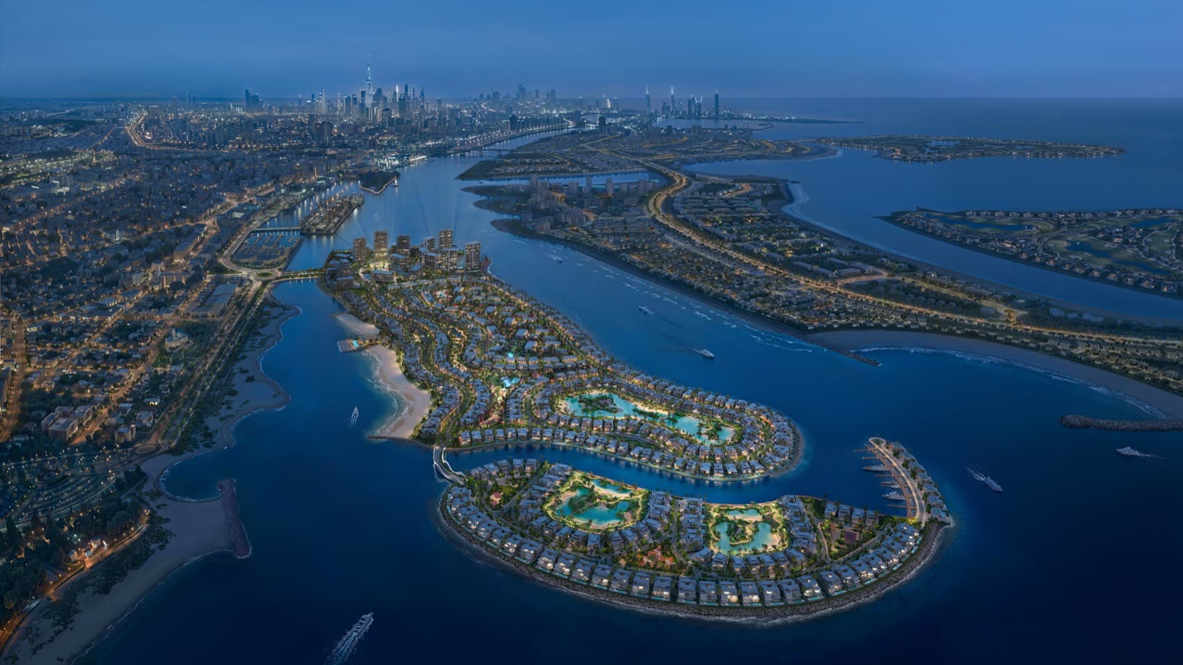 Dubai Islands at dusk with the Dubai skyline beyond